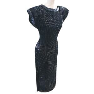 Vintage Designer Silk Beaded Long Gown Maxi Size 6 Black Open Back Holiday Party